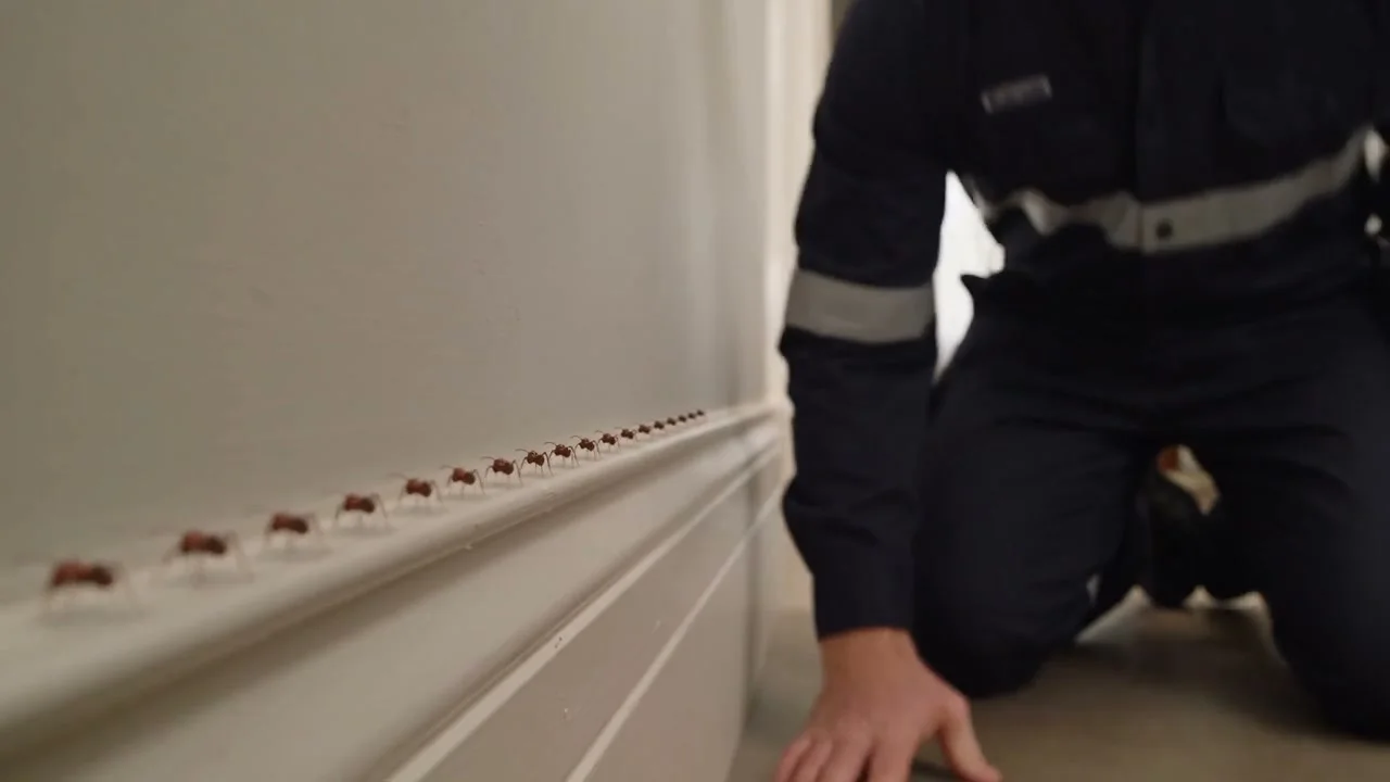 Wes kneeling at a skirting board in a northside hallway, tracing an ant trail