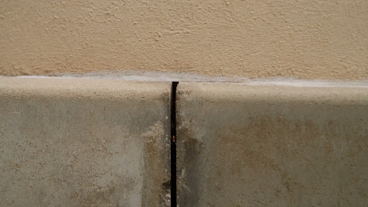 A gap in a concrete slab join beneath a rendered wall, with one ant beside it
