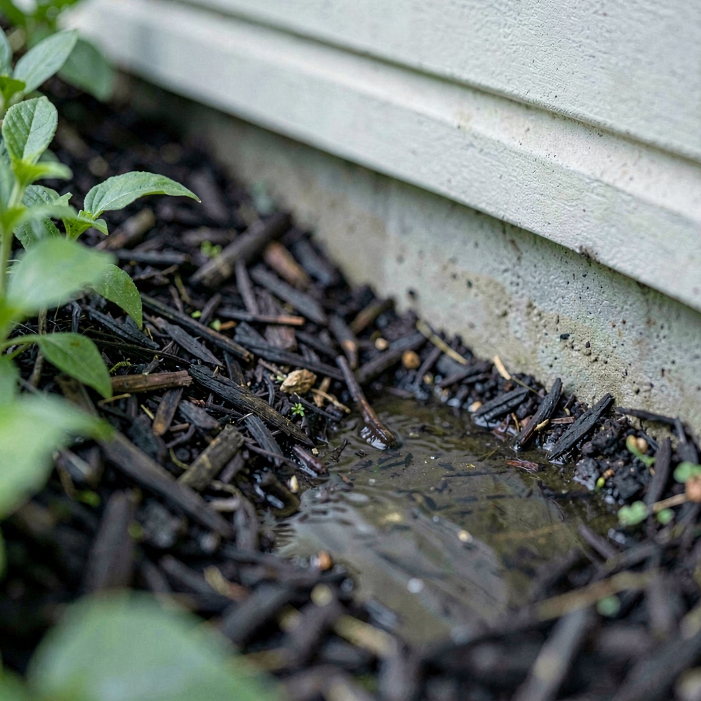 Damp garden mulch banked against a pale concrete house footing with water held between them