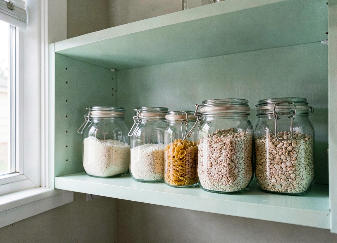 A pantry shelf of plain clip top jars in a northside kitchen, clean and in order