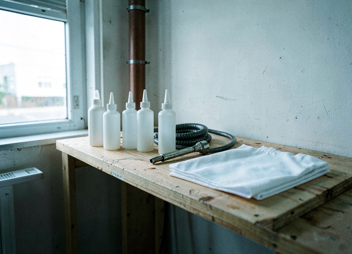 A trade workshop shelf with plain applicator bottles, a coiled hose, a torch and folded drop sheets